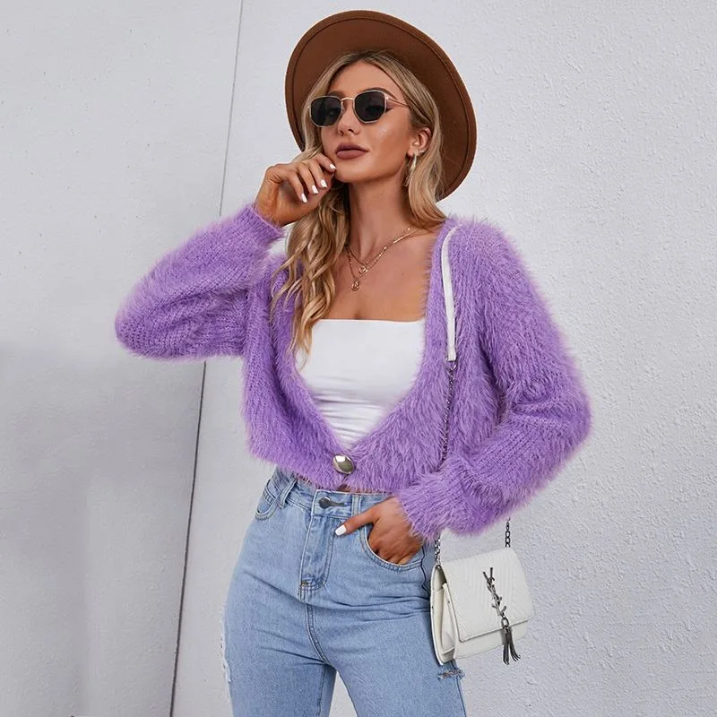 Fashionable Pockets V Neck Women Casual Knit Sweater Jacket Ladies Clothing